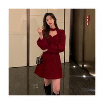 원피스대여 드레스 우아한 프랑스 빈티지 캐주얼 원피스 여성용 레드 벨벳 미니 크리스마스 새해