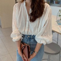 레이스 아일렛 차이나카라 블라우스 셔츠 데일리템