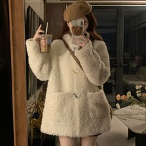 여성후드 코트 모피 겨울 토끼 2024 후드 뿔 양털