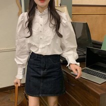 프릴반목 공주풍긴팔 레이스 레이어드 블라우스