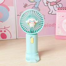핸디팬 쿠로미 마이멜로디 시나모롤 폼폼푸린 헬로키티 페이스 캐릭터 무선 미니 선풍기 3엽 USB충전식 러블리 휴대용 폰거치대 스탠드겸용 저소음 탁상용 선물용 캠핑 등산용, 선택4번-민트 시나모롤, 휴대 스탠드 겸용 미니 선풍기