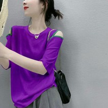 명암 컬러 엣지 오픈 숄더 패션 느슨한 올매치 아이스 실크 라운드 넥 반팔 티셔츠