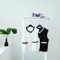 (이그)여성트위드 베스트 배색 포켓 시보리 리본 화이트 블랙 조끼