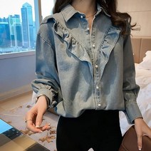 프릴 진주 단추 데님 봄 가을 m-4xl 긴팔 탑 싱글 브레스트 streetwear 셔츠