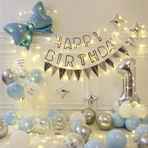 파티샵 파티용품 생일 풍선 세트(5m전구 손펌프 풍선꽂이포함) 리본 세트, 블루리본+실버별(전구)