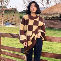 메이킹유 스웨터 긴팔티 라운드넥 바둑무늬 루즈핏 A1338터비니트