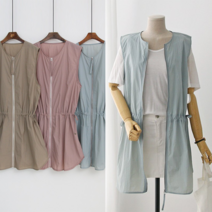 노카라 라운드넥 허리셔링끈 집업 롱조끼 DO