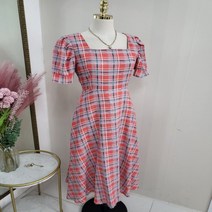 스퀘어넥 플레어 A라인 여름 반팔 체크 롱원피스