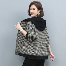 봄신상 빈티지 루즈핏 숏 코트 안감 어머니 격자 무늬 후드 재킷 여성용 하운드투스 트렌디 봄 가을 윈드브레이커