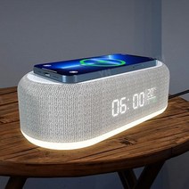 다용도 무소음 고속 무선충전 겸용 LED 무드등 탁상시계 알람 온도 패브릭 감성