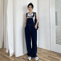 POMTOR 점프슈트 한국식 데님 와이드 오버롤 멜빵바지 점프수트