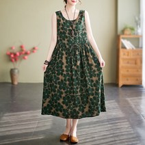 나드리 빅사이즈 면 린넨 허리끈 나염 꽃무늬 민소매 원피스