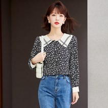 가을 여 디자인 감각 사각넥 셔츠 여 긴팔 플라워 블라우스