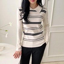 여자 카라넥 스트라이프 배색 니트 티셔츠