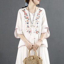 엄마옷 모슬린 면과 린넨 탑 여름 레트로 에스닉 자수