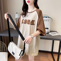 유럽 빅핏 순면 티셔츠 자수 숫자 미디 하의 실종 패치워크 반팔