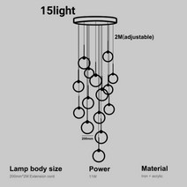 듀플렉스 회전 계단 펜던트 조명 샹들리에 침실 거실 아크릴 빌라 실내 장식, 15 heads, 웜 화이트, black