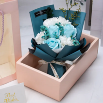 대형 장미 카네이션 축하 꽃다발+포장박스+쇼핑백+led+메세지카드 포함, 불루