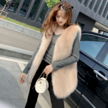 vsyoy 가을/겨울 모피 조끼 여성의 긴 모조 여우 모피 코트 조커 슬림 양복 조끼 슬림 따뜻한 마오 마오 조끼