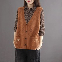 촌캉스 룩 조끼 옷 핸드 니트 스웨터 플라워 포켓 봄/여름 여성용 가디건 민 탑스 빈티지