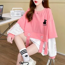 아기곰 개성 프린트 쇼츠 와이드 롱 크롭 루즈핏 유행 박람회 워터밤 데이트 20대 10대 여자 긴팔 티셔츠