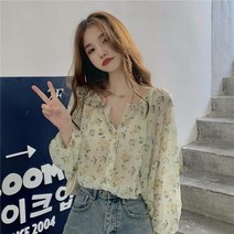 여성 봄여름 빈티지 브이넥 블라우스 프렌치 플라워 긴팔 쉬폰 감미로운 에스닉 셔츠