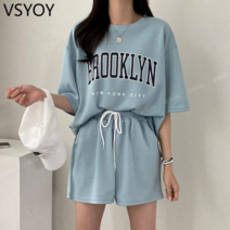 vsyoy 코튼 슈트 여성용 반팔 반바지 라운드 넥 투피스 2023 새로운 여름 패션 캐주얼 스포츠웨어 슈트