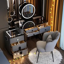 남쪽나무 LED화장대 세트 대리석 확장형 서랍형 USB 스마트 충전, 120cm가로, 테이블+사물함+거울A +의자A, 회색+블랙