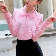 여자 공주풍 우아한 리본 타이 상큼한 레이스 블라우스