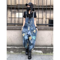 라오농 봄가을 빅사이즈 데님 멜빵바지 여 와이드 빈티지 프린트 패션 하이웨이스트 워싱 9부 점프슈트+d2508LL