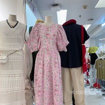 핫핑크원피스 플레어 랜턴 슬리브 스커트 여름 넥 보세 롱 라운드