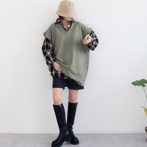 애플망고샵 빅사이즈 오버핏 여성 브이넥 롱베스트 조끼 니트