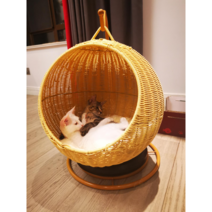 라탄 고양이 그네 숨숨집 사계절 통용 해먹 하우스, 베이지(쿠션 랜덤 발송), 단일 사이즈