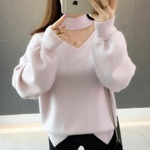 아이엠몽 여성 초커 니트 브이넥 티셔츠 청순 스타일 폴라리
