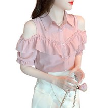 JUSTFEELING S-3XL 빅사이즈 카라넥 어깨트임 반팔셔츠 패션 쉬폰셔츠 남방 데이트룩 모임룩 블라우스 3컬러