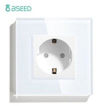 BSEED 터치 라이트 스위치 EU 전원 벽 소켓 흰색 Led 1/2/3 갱 1Way 크리스탈 유리 패널 어두운 백라이트, Single Socket, CHINA