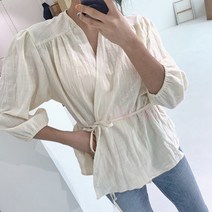 여성 브이넥 랩 마 린넨 7부 봄 여름 간절기 블라우스