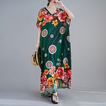 브이넥롱원피스 오버핏 플라워 패턴 뚱뚱한 빅사이즈 여성의류 200 근 가오리 소매 뱃살가리기 두루마기 2183083269