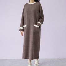 빅걸스토리 포근한 니트 배색 포켓 롱원피스