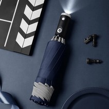 자동 접는 우산 LED 손전등 반사 스트라이프 역방향 우산과 완전 UV 비 태양, Blue10 Ribs