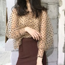 땡땡이블라우스 이쁜 얇은 물방울 무늬 여름 자외선 차단 셔츠 시크한 패션 긴 퍼프 소매 상의 시폰 블라우스 한 클럽 바 나이트 웨어291015