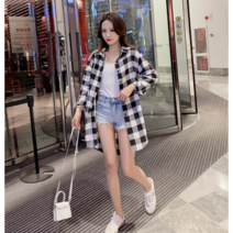 체크 셔츠 여 봄 캐주얼 하프 셔츠 아우터 빅사이즈 루즈핏 순면 긴팔 셔츠 상의