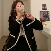 QIANSU 가을 겨울 고급스러운 카디건 여자 블랙 재킷 상의