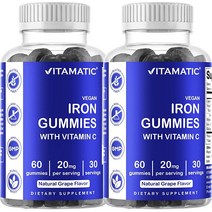Vitamatic Iron Gummies 여성 및 남성용 보충제 - 20mg 서빙 - 비건 젤리 60개 - 비타민 C가 함유된, 60개(2개 팩)