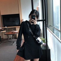 허리라인강조! 여성 캐쥬월 원피스 허리스트링 포인트 후드 니트 원피스 2color