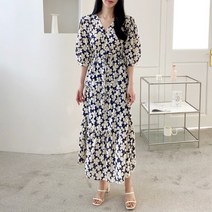 코지 러블리 화려한 들꽃 패턴 브이넥 벌룬소매 롱원피스