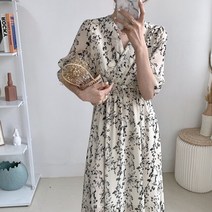 베트남원피스 동남아 원피스 괌 다낭 휴양지룩 발리 하와이 해외여행여름옷 동남아여행룩 레트로 꽃 무늬 드레스 여성의 쉬폰 프랑스 파티 퍼프 슬리브 v 넥 미디 여름 여성용