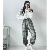 여성 체크 조거팬츠 가을 포켓 밴딩팬츠 여자 조거핏 바지