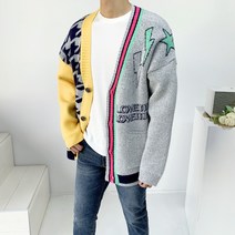 남자 하운드 투스 체크 하트 자수 오버핏 두꺼운 헤비 니트 가디건2color