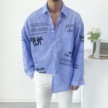 남자 봄 가을 전판 영문 레터링 프린팅 오버핏 박스 롱 스트라이프 셔츠 남방3color